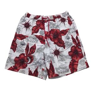 Caribbean Hawaiian Red & White Floral Map‎ Swim Trunks Shorts Mens XL